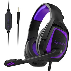 anivia computer gaming headset -3.5mm wired headsets with soft memory earmuffs over ear headphones with mic stereo bass surround for multi-platforms (purple)