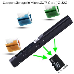 Portable Scanner, Handheld Photo Scanner, A4 Document Scanner for Picture Text Receipt Page in 300/600/900Dpi JPG PDF Format Hand Scanner Support USB Transfer Micro SD Card, No Driver