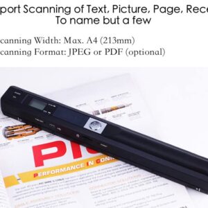 Portable Scanner, Handheld Photo Scanner, A4 Document Scanner for Picture Text Receipt Page in 300/600/900Dpi JPG PDF Format Hand Scanner Support USB Transfer Micro SD Card, No Driver