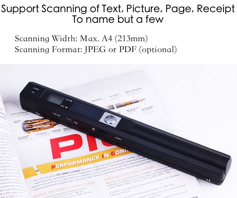 Portable Scanner, Handheld Photo Scanner, A4 Document Scanner for Picture Text Receipt Page in 300/600/900Dpi JPG PDF Format Hand Scanner Support USB Transfer Micro SD Card, No Driver