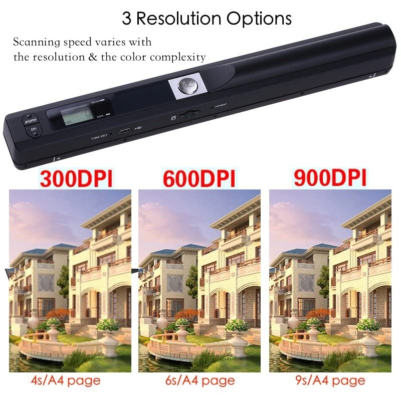 Portable Scanner, Handheld Photo Scanner, A4 Document Scanner for Picture Text Receipt Page in 300/600/900Dpi JPG PDF Format Hand Scanner Support USB Transfer Micro SD Card, No Driver