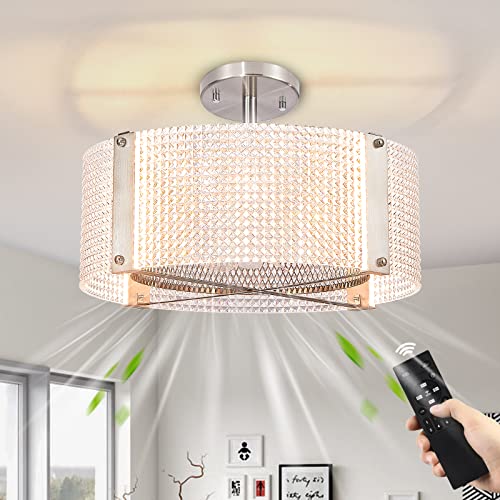 Zhizenl Ceiling Fans with Lights, Crystal Modern Flush Mount Ceiling Fan with Remote Control, Dimmable LED 6 Wind Speeds Low Profile Caged Ceiling Fan with Light for Bedroom Living Room