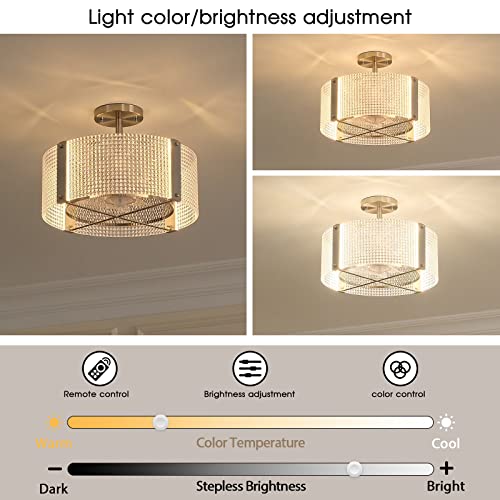 Zhizenl Ceiling Fans with Lights, Crystal Modern Flush Mount Ceiling Fan with Remote Control, Dimmable LED 6 Wind Speeds Low Profile Caged Ceiling Fan with Light for Bedroom Living Room