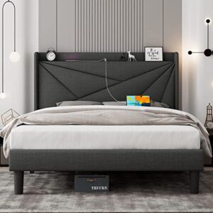 feonase queen bed frame with type-c & usb ports, upholstered platform bed frame with wingback storage headboard, solid wood slats support, no box spring needed, noise-free, dark gray