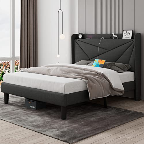 Feonase Queen Bed Frame with Type-C & USB Ports, Upholstered Platform Bed Frame with Wingback Storage Headboard, Solid Wood Slats Support, No Box Spring Needed, Noise-Free, Dark Gray