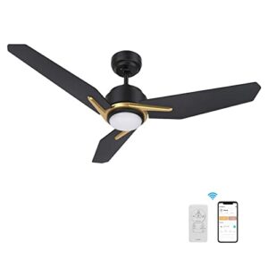 smaair smart ceiling fan with light, 3 blades black outdoor ceiling fan with dc motor,10-speed,1-8 hours timer schedule, compatible with remote control/alexa/google home/siri (48", black/gold)