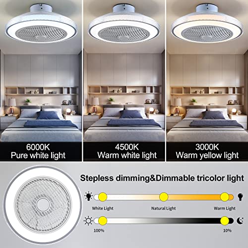 MADSHNE 20" Modern Low Profile Ceiling Fans with Lights and Remote, Flush Mount Bladeless Ceiling Fans with Dimmable LED, Small White Enclosed Bedroom Ceiling Fans