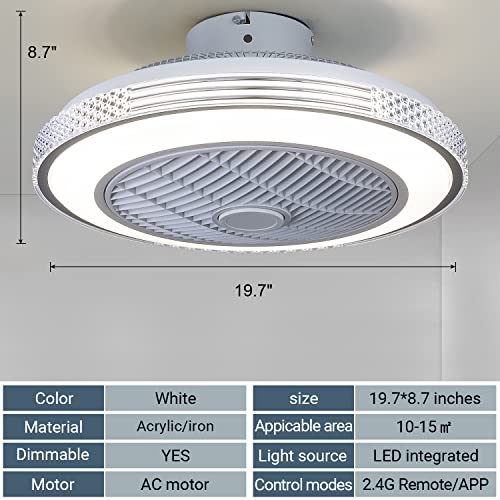 MADSHNE 20" Modern Low Profile Ceiling Fans with Lights and Remote, Flush Mount Bladeless Ceiling Fans with Dimmable LED, Small White Enclosed Bedroom Ceiling Fans