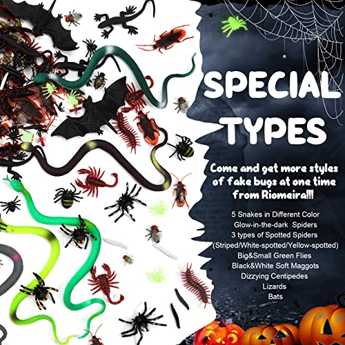 Premium 224 PCS Assorted Fake Bugs, Special Fake Insects Bulk, Plastic Bugs for Kids, 18 Types Realistic Bugs, Creepy Fake Roaches, Snakes, Spiders for Halloween Decoration, April Fools Prank, Costume