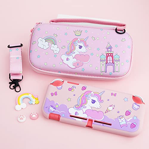 RHOTALL Carrying Case for Nintendo Switch Lite, Cute Case Cover Accessories Bundle for Switch Lite with TPU Protective Shell, Adjustable Shoulder Strap, Screen Protector and 2 Thumb Caps - Unicorn