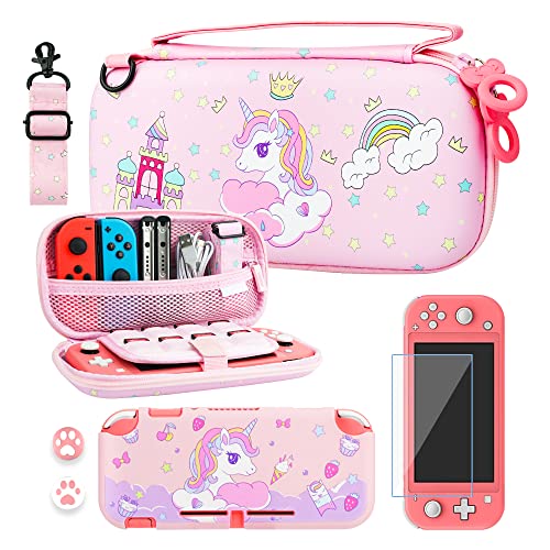 RHOTALL Carrying Case for Nintendo Switch Lite, Cute Case Cover Accessories Bundle for Switch Lite with TPU Protective Shell, Adjustable Shoulder Strap, Screen Protector and 2 Thumb Caps - Unicorn