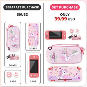 RHOTALL Carrying Case for Nintendo Switch Lite, Cute Case Cover Accessories Bundle for Switch Lite with TPU Protective Shell, Adjustable Shoulder Strap, Screen Protector and 2 Thumb Caps - Unicorn