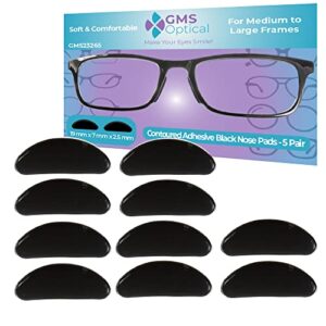 gms optical® 2.5mm anti-slip adhesive contoured soft silicone nose pads with super sticky backing for glasses, sunglasses, and eye wear - 5 pair (black)
