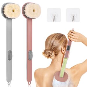 ainiv 2 pack back scrubber for shower, long handled shower brush with soap dispenser, exfoliating body scrubber for wet or dry brushing, shower brush with soft bristles（grey & pink）