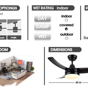 Wellspeed Ceiling Fans with Lights, Black Ceiling Fan, 42 Inch Modern Ceiling Fan with Remote Control，Adjustable Light and Dark， for Bedroom, Living Room, Patios