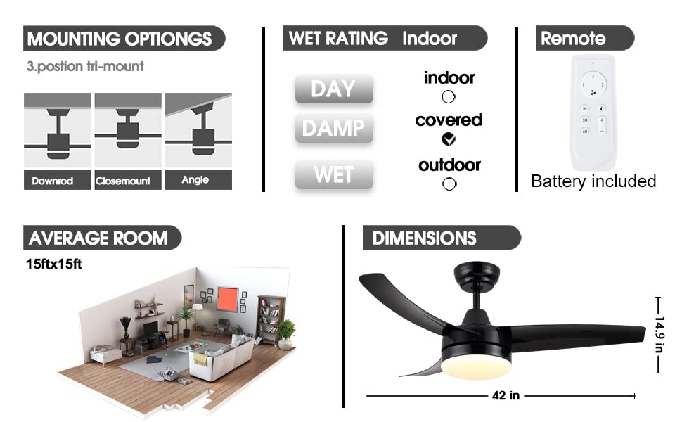 Wellspeed Ceiling Fans with Lights, Black Ceiling Fan, 42 Inch Modern Ceiling Fan with Remote Control，Adjustable Light and Dark， for Bedroom, Living Room, Patios