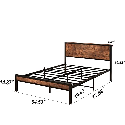 DUMEE Full Size Bed Frame with Wood Storage Headboard, Metal Platform Bed Frames Full, No Box Spring Needed, Noise Free, Reinforced Strong Support Leg, Textured Black&Brown Oak