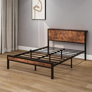 DUMEE Full Size Bed Frame with Wood Storage Headboard, Metal Platform Bed Frames Full, No Box Spring Needed, Noise Free, Reinforced Strong Support Leg, Textured Black&Brown Oak
