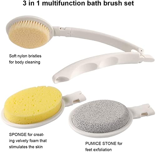 LFJ 3 in 1 Back Bath Brush Set for Shower, 19" Long Handle Body Brush, Bath Sponge and Pumice Gentle Exfoliation and Improved Skin Health, Suitable for Men and Women