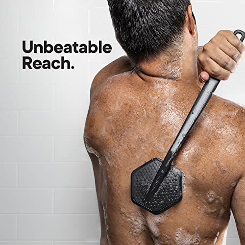 Tooletries - Back Scrubber & Hook - Silicone Long Handle Bath Shower Back Brush, Back Scrubber Body Exfoliator + Removable & Reusable Hook - Charcoal