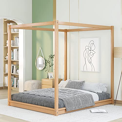 Merax Modern Queen Size Wood Canopy Bed Floor Platform Bed Frame/No Box Spring Needed/Easy Assembly, Nutural