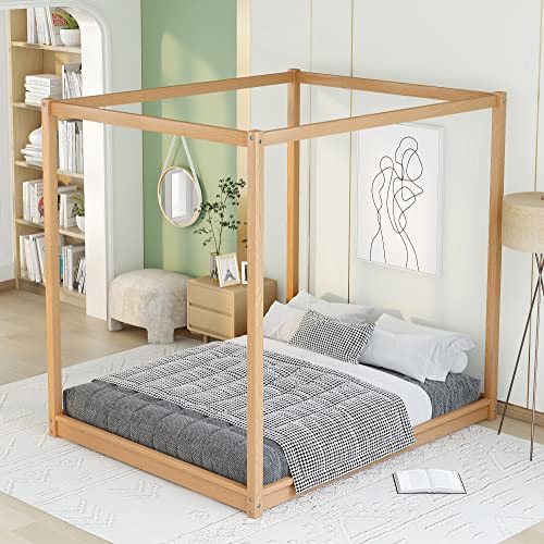 Merax Modern Queen Size Wood Canopy Bed Floor Platform Bed Frame/No Box Spring Needed/Easy Assembly, Nutural