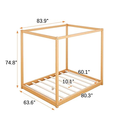 Merax Modern Queen Size Wood Canopy Bed Floor Platform Bed Frame/No Box Spring Needed/Easy Assembly, Nutural