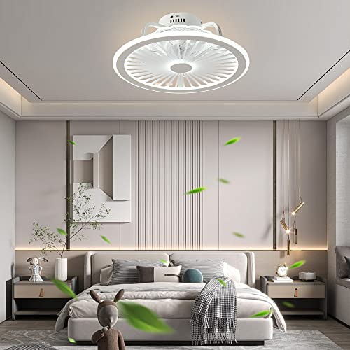 CHANFOK Low Profile Ceiling Fan with Lights, Modern Indoor Flush Mount Ceiling Fan with Remote Control LED Dimming Multi-Speed Invisible Blades Timing 19" (White)