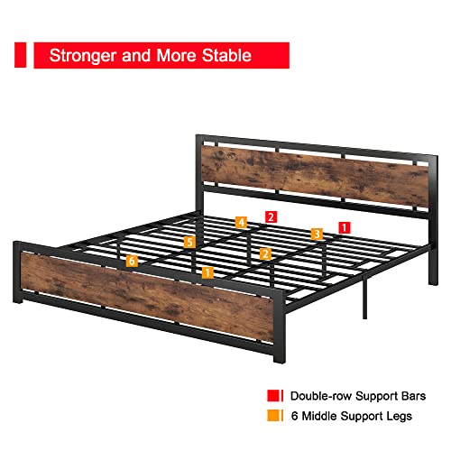 LIKIMIO King Bed Frame, Platform Bed Frame King with Industrial Wood Headboard and 12 Strong Support Metal Legs, Easy Assembly, Noise-Free, No Box Spring Needed