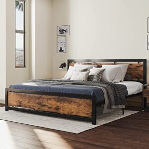 LIKIMIO King Bed Frame, Platform Bed Frame King with Industrial Wood Headboard and 12 Strong Support Metal Legs, Easy Assembly, Noise-Free, No Box Spring Needed