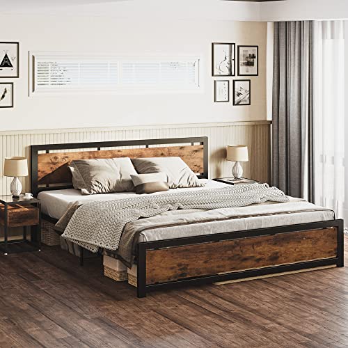 LIKIMIO King Bed Frame, Platform Bed Frame King with Industrial Wood Headboard and 12 Strong Support Metal Legs, Easy Assembly, Noise-Free, No Box Spring Needed