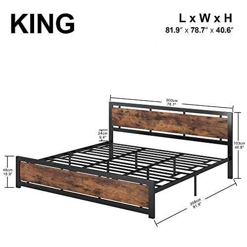 LIKIMIO King Bed Frame, Platform Bed Frame King with Industrial Wood Headboard and 12 Strong Support Metal Legs, Easy Assembly, Noise-Free, No Box Spring Needed