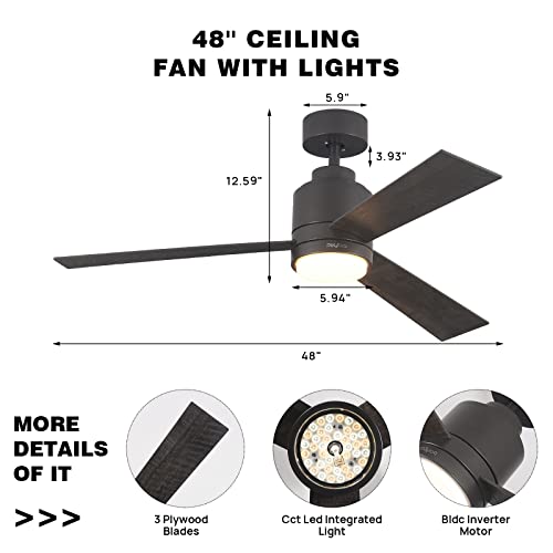 POLYECO Modern Ceiling Fans with Light, 6-Speed LED Ceiling Fan with Reversible DC Motor, Remote Control & Timing Function for Living Room Dining Room Bedroom(Matte Silver)