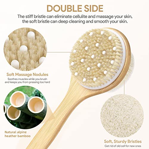 Dual-Sided Long Handle Shower Brush with Soft and Stiff Bristles,Tukuos Back Scrubber Exfoliating Body Scrubber for Wet or Dry Brushing Bath Shower Body Brush