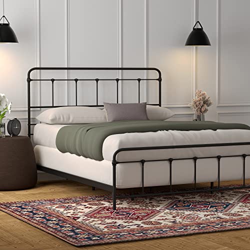 eLuxurySupply SNAP Metal Bed Frame - Carbon Steel with Antique Pewter Finish Folding Bed Frame - Easy Assembly with Headboard and Footboard - Sturdy Steel Construction Bed Base - Queen Size