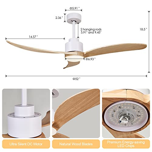 TFVV 52" Wood Ceiling Fan with Light,3 Blades,6 speeds, Farmhouse Ceiling Fan with Remote Control for Living Room, Bedroom, Kitchen(White)