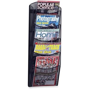 safco products black 5 pocket magazine rack- durable steel construction, clutter-free wall mount display, 5 lbs weight capacity- 28" x 10.3" x 3.5