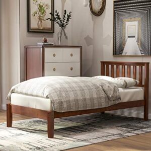 softsea twin bed frame with headboard, farmhouse kid's platform bed frame with wood slat support, walnut