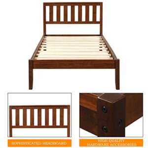 SOFTSEA Twin Bed Frame with Headboard, Farmhouse Kid's Platform Bed Frame with Wood Slat Support, Walnut