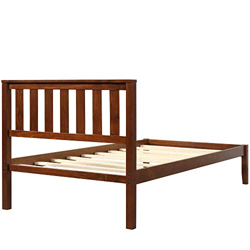 SOFTSEA Twin Bed Frame with Headboard, Farmhouse Kid's Platform Bed Frame with Wood Slat Support, Walnut