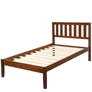 SOFTSEA Twin Bed Frame with Headboard, Farmhouse Kid's Platform Bed Frame with Wood Slat Support, Walnut