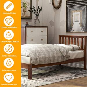 SOFTSEA Twin Bed Frame with Headboard, Farmhouse Kid's Platform Bed Frame with Wood Slat Support, Walnut