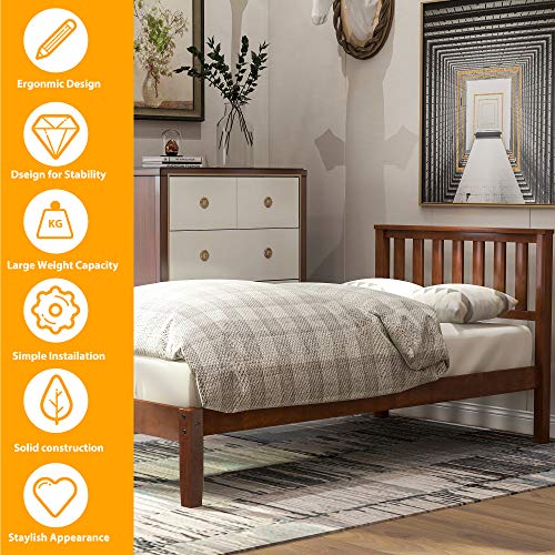 SOFTSEA Twin Bed Frame with Headboard, Farmhouse Kid's Platform Bed Frame with Wood Slat Support, Walnut