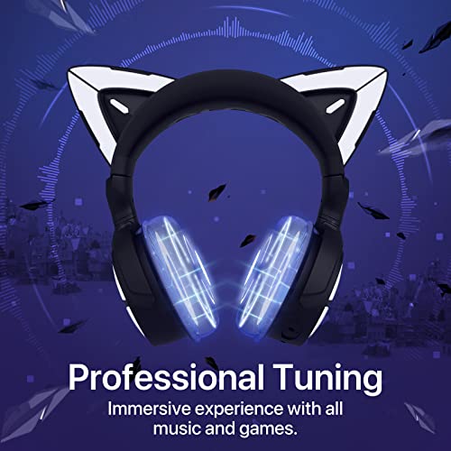 YOWU RGB Cat Ear Headphone 4, Upgraded Wireless & Wired Gaming Headset with Attachable HD Microphone -Active Noise Reduction, Dual-Channel Stereo & Customizable Lighting and Effect via APP (Black)