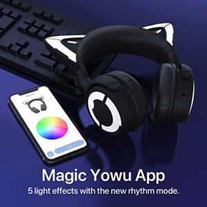 YOWU RGB Cat Ear Headphone 4, Upgraded Wireless & Wired Gaming Headset with Attachable HD Microphone -Active Noise Reduction, Dual-Channel Stereo & Customizable Lighting and Effect via APP (Black)