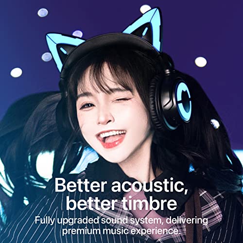 YOWU RGB Cat Ear Headphone 4, Upgraded Wireless & Wired Gaming Headset with Attachable HD Microphone -Active Noise Reduction, Dual-Channel Stereo & Customizable Lighting and Effect via APP (Black)