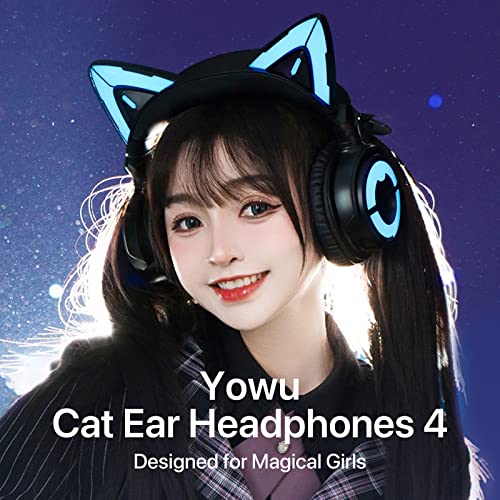 YOWU RGB Cat Ear Headphone 4, Upgraded Wireless & Wired Gaming Headset with Attachable HD Microphone -Active Noise Reduction, Dual-Channel Stereo & Customizable Lighting and Effect via APP (Black)