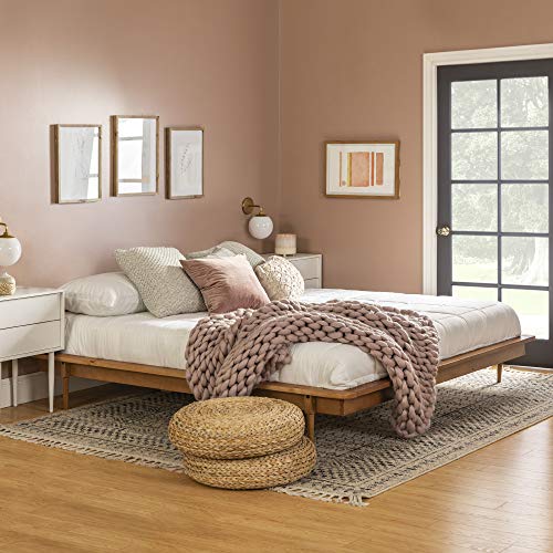 Walker Edison Mid Century Modern Solid Wood Platform Bed Headboard Footboard Bed Frame Bedroom, King, Caramel