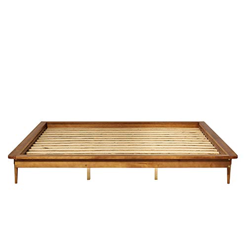 Walker Edison Mid Century Modern Solid Wood Platform Bed Headboard Footboard Bed Frame Bedroom, King, Caramel