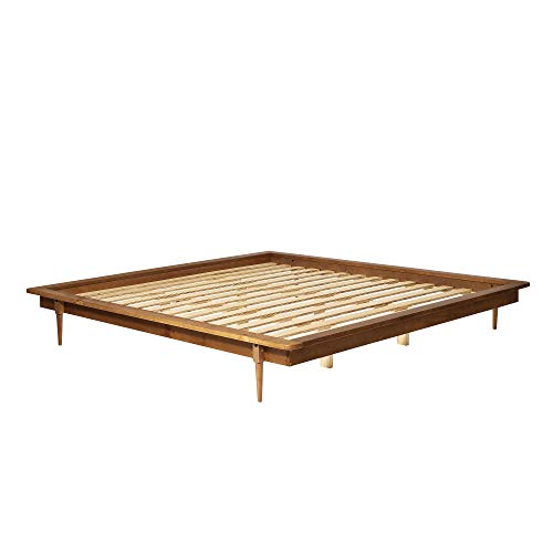 Walker Edison Mid Century Modern Solid Wood Platform Bed Headboard Footboard Bed Frame Bedroom, King, Caramel